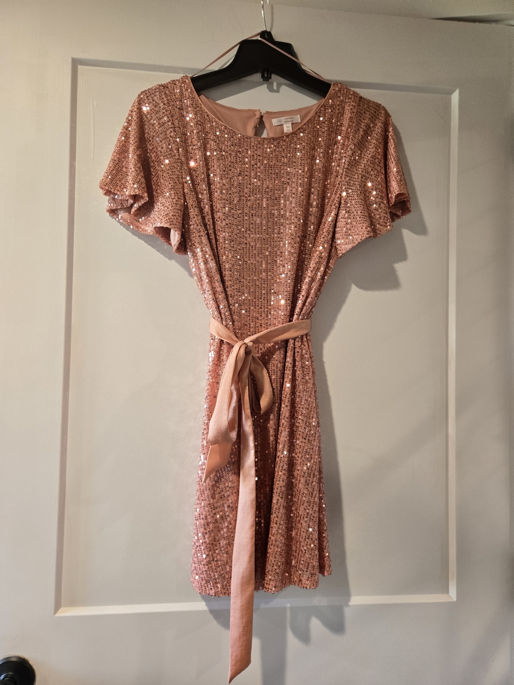 LC Lauren Conrad Rose Gold Sequin Mini Dress with Satin Waist Tie